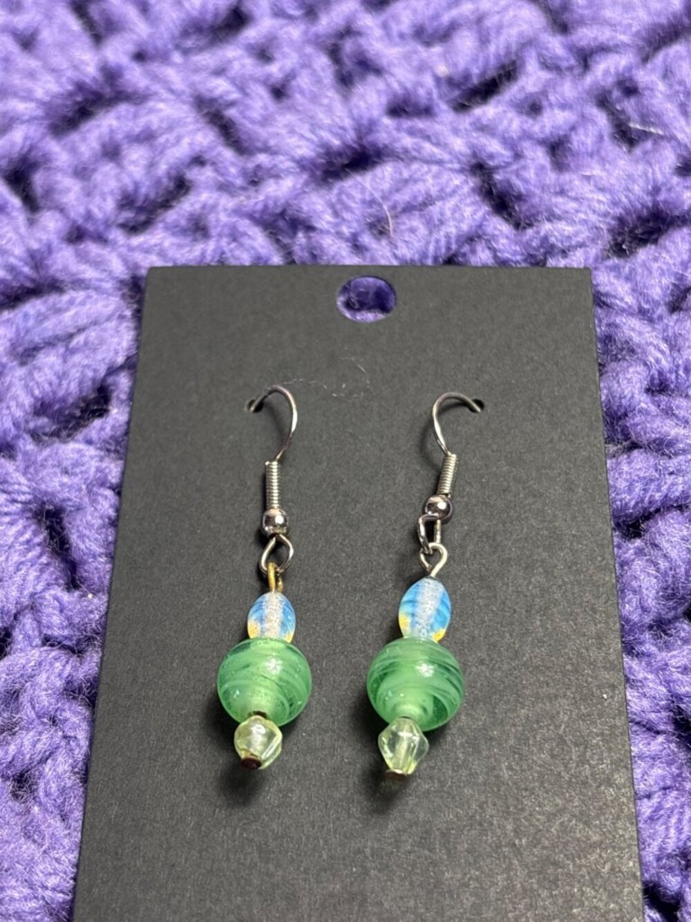 Green Opalite Clear Glass Beaded Dangle Earrings 1 inch